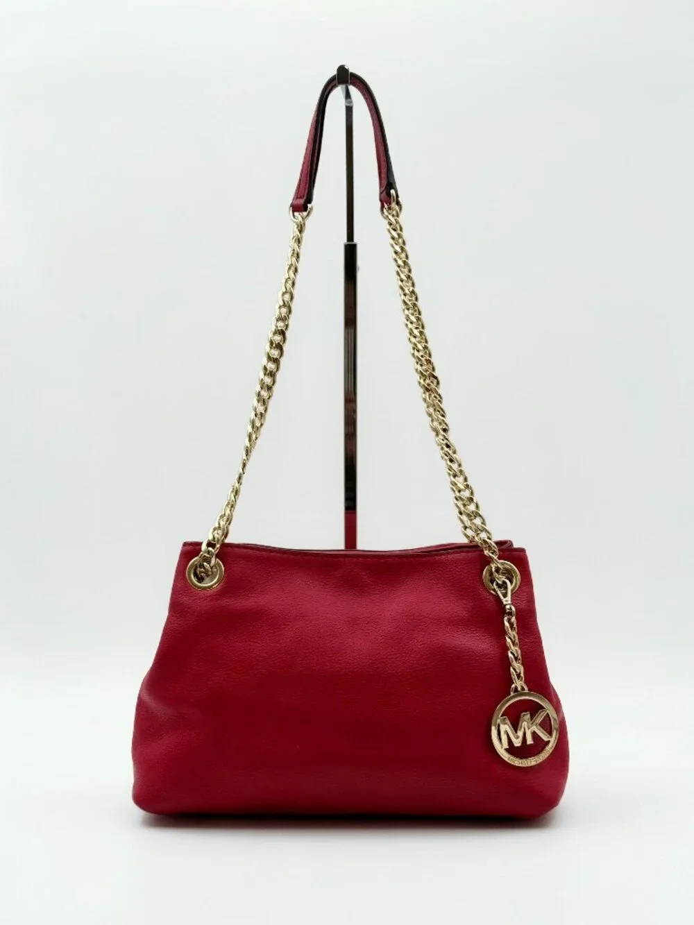 Michael Kors Red Leather Chain Shoulder Bag Gold Tone MK Charm Tote